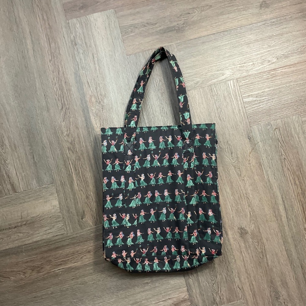 Vintage 90s Nicole Miller 100% Silk Hula Dancer Hawaiian Tote Bag Black Green